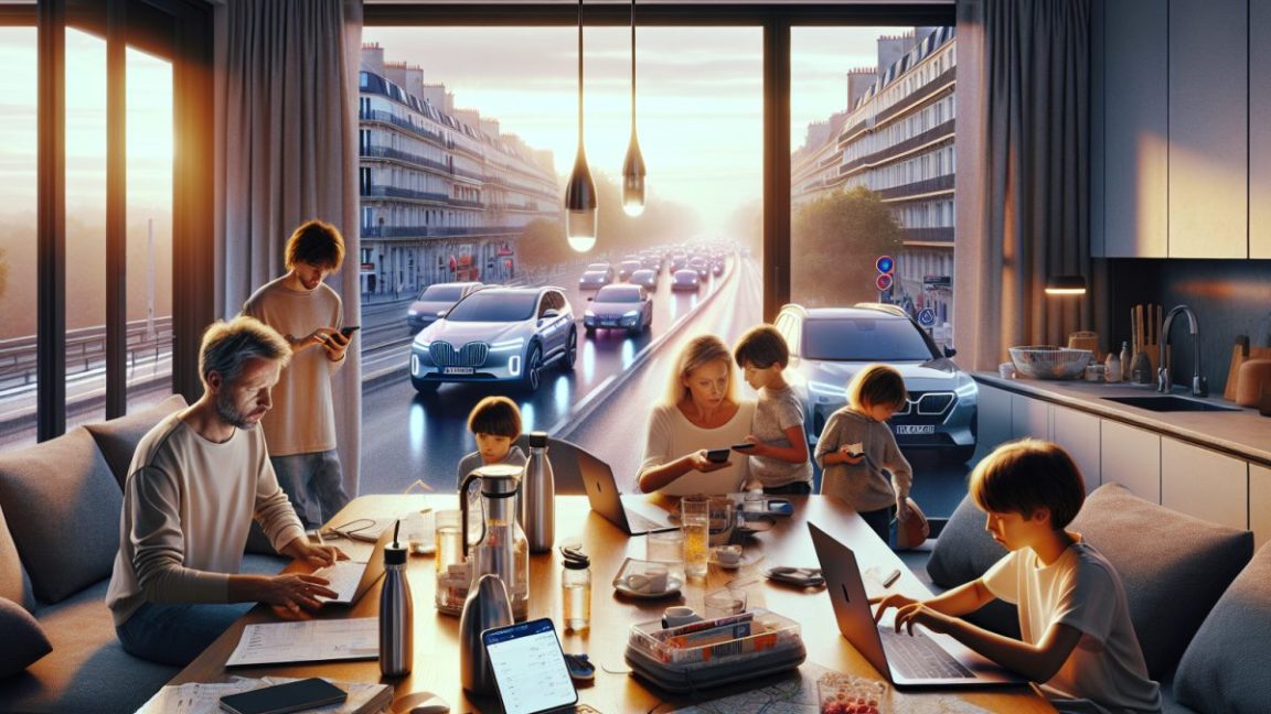 Une famille organise un voyage en France avec ordinateur et smartphones