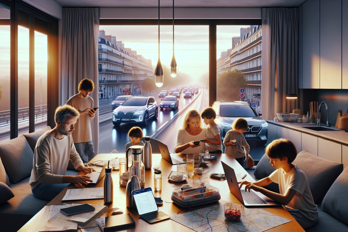 Une famille organise un voyage en France avec ordinateur et smartphones